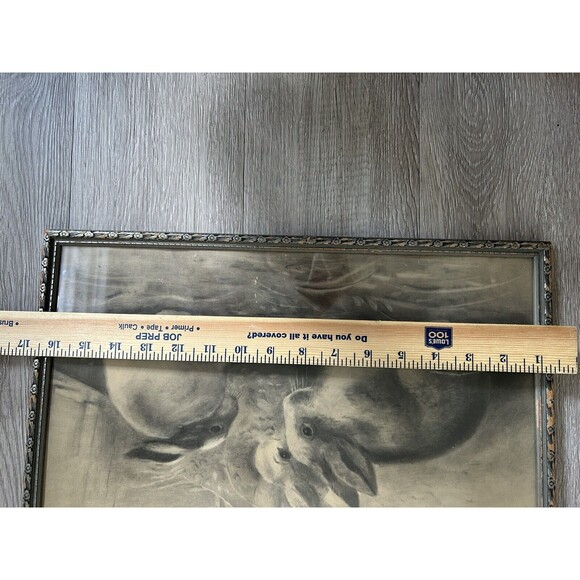 Vintage 1895 Bunny Rabbit Charcoal Crayon Drawing Framed Art Cottage Decor - Picture 6 of 9